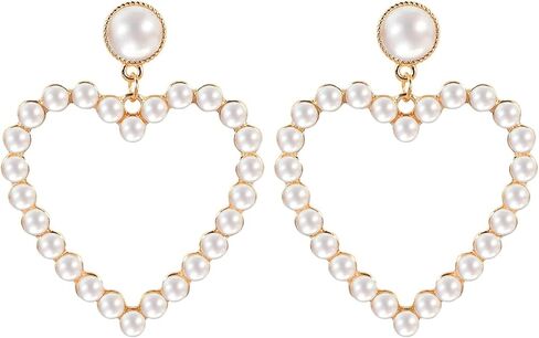 Pearl Heart Earrings Stud Dangling Women Girls Christmas Valentines Love Dangle Drop Earring Gold Fashion Statement Jewelry Bridal Wedding Prom Birthday Party Mother's Day Favor Gift, 2.36x1.96inch, in Kuwait