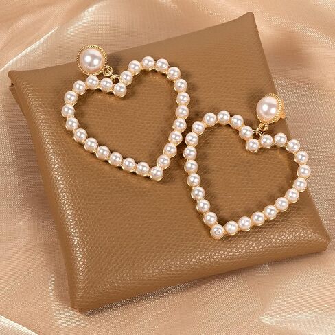 Pearl Heart Earrings Stud Dangling Women Girls Christmas Valentines Love Dangle Drop Earring Gold Fashion Statement Jewelry Bridal Wedding Prom Birthday Party Mother's Day Favor Gift, 2.36x1.96inch, in Kuwait