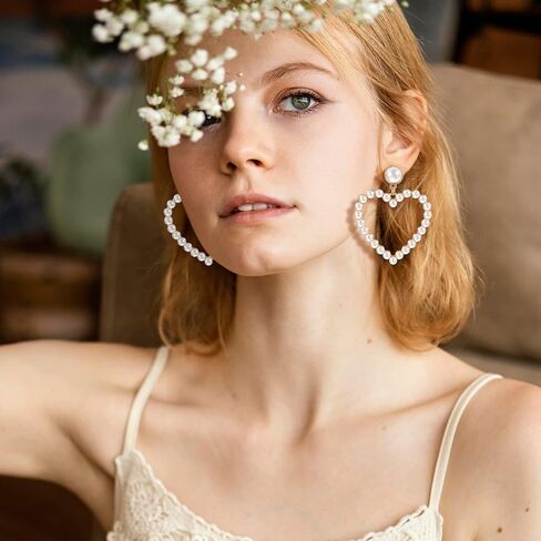 Pearl Heart Earrings Stud Dangling Women Girls Christmas Valentines Love Dangle Drop Earring Gold Fashion Statement Jewelry Bridal Wedding Prom Birthday Party Mother's Day Favor Gift, 2.36x1.96inch, in Kuwait