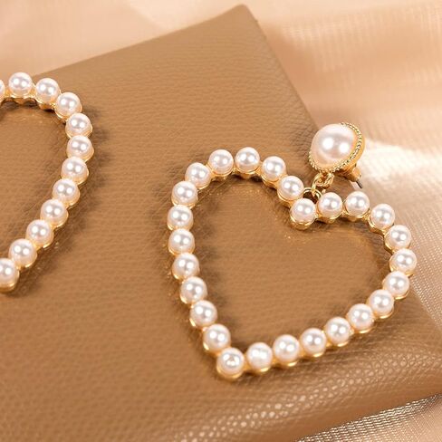 Pearl Heart Earrings Stud Dangling Women Girls Christmas Valentines Love Dangle Drop Earring Gold Fashion Statement Jewelry Bridal Wedding Prom Birthday Party Mother's Day Favor Gift, 2.36x1.96inch, in Kuwait