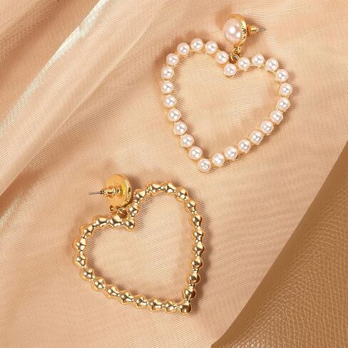 Pearl Heart Earrings Stud Dangling Women Girls Christmas Valentines Love Dangle Drop Earring Gold Fashion Statement Jewelry Bridal Wedding Prom Birthday Party Mother's Day Favor Gift, 2.36x1.96inch, in Kuwait