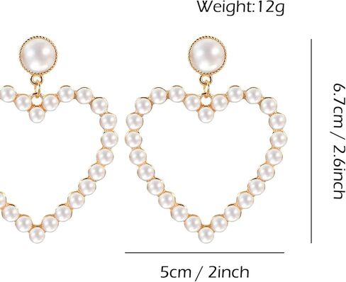 Pearl Heart Earrings Stud Dangling Women Girls Christmas Valentines Love Dangle Drop Earring Gold Fashion Statement Jewelry Bridal Wedding Prom Birthday Party Mother's Day Favor Gift, 2.36x1.96inch, in Kuwait
