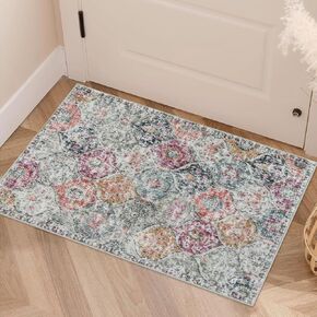 Washable Entryway Rug, 2x3 Rug Non-Slip Soft Door Mat Indoor Entrance Ultra-Thin, Moroccan Trellis Small Area Rug Distressed Throw Rugs for Kitchen Entry Bathroom Bedroom(2x3ft, Multi)
