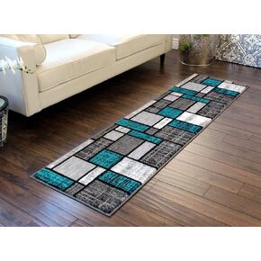 Masada Rugs, Stephanie Collection Area Rug Modern Contemporary Design 1110 Turquoise Grey White Black (2 Feet 4 Inch X 11 Feet) Long Runner