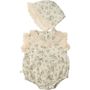 HOOLCHEAN Baby Girls Summer Thin Fabric Small Floral Lace Collar Romper with Bonnet