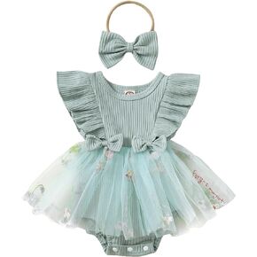 Lace Tulle Romper Dress Baby Girl Floral Embroidered Dress Solid Ribbed Bodysuit Ruffle Sleeveless Jumpsuit Headband