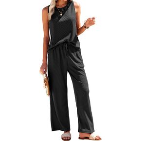 Ekouaer Womens Pajamas 2 Piece Lounge Set Waffle Knit Loungewear Sleeveless Tank Top with Long Pants Outfits S-XXL