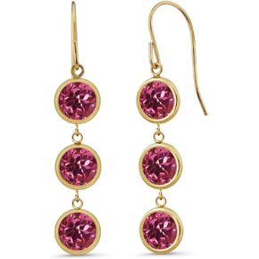 Gem Stone King 14K Yellow Gold Pink Tourmaline Dangle Long 3-Stone Earrings For Women (3.00 Cttw, Gemstone Birthstone, Round 5MM, 1 Inch)