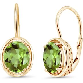 Gem Stone King 18K Yellow Gold Plated Silver Green Peridot Dangle Earrings For Women (3.60 Cttw, Gemstone Birthstone, Oval 9X7MM)