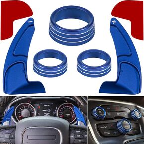 for Dodge Challenger Charger 2015-2021 Interior Accessories Decoration Steering Wheel Shift Paddle Extended Trim Cover+Air Conditioner Switch CD Button Knob Decal Trim Rings (Blue 5PCS)