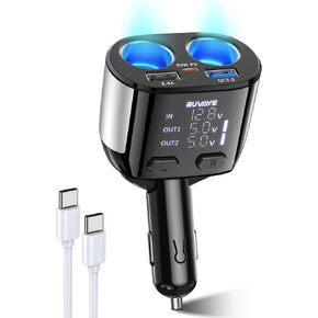[2024 Upgraded] Dual Cigarette Lighter Splitter w Voltmeter, BUVAYE 5 in 1 Fast Charge USB C Car Charger, 12V/24V 90W, 2-Socket Car Cigarette Lighter Adapter for Dash Cam GPS iPhone Samsung Note Pixel