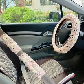 Handmade Crochet Steering Wheel Cover for Women Girl, Puff Flower Light Pink Seat Belt Cover, Car Interior Accessories Decorations. (Crochet Steering Wheel Cover + 2 Belt Cover)
