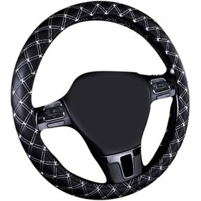 15inch Odorless Quilted Stitching Pattern Leather Car Steering Wheel Cover-Black with red