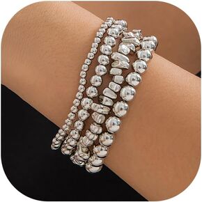 CSIYANJRY99 Silver Beaded Bracelets for Women Stackable Stretch Bead Bracelet Set Beads 14K Gold Bracelet Stack Pack Hand Jewelry Gifts