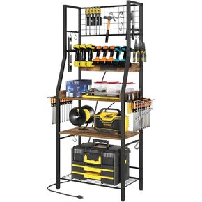 منظم أدوات طاقة كبير، 8 حامل مثقاب مع محطة شحن، منظمة أدوات المرآب مع لوحتين جانبيتين، رف أدوات معدني مع 11 خطافًا، للجراج، بني ريفي UR01BR in Kuwait