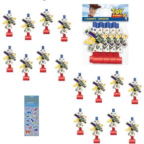 Toy Story Birthday Party Supplies Bundle includes 16 Party Blowouts and 1 Dinosaur Sticker Sheet