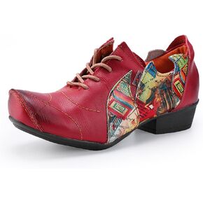 TMA EYES Women's Irregular Floral Leather Patchwork Peep Toe Lace-up Distressed Low Heel Shoes