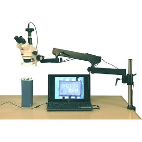 AmScope SM-8TZ-144S-5M Digital Professional Trinocular Stereo Zoom Microscope, WH10x Eyepieces, 3.5X-90X Magnification, 0.7X-4.5X Zoom Objective, 144-Bulb LED Ring Light, Articulating-Arm Boom Stand, 110V-240V, Includes 0.5x and 2.0x Barlow Lenses and 5MP