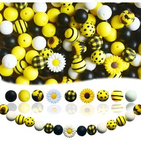 128pcs Silicone Beads Bracelet Making Kit Beads, 15mm Silicone Beads Yellow Black White Round Silicone Beads Bulk, Sunflower Craft Beads for DIY Keychain Wristlet Jewelry Making with Elastic Rope