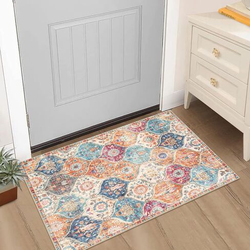 Washable Entryway Rug, 2x3 Rug Non-Slip Soft Door Mat Indoor Entrance Ultra-Thin, Moroccan Trellis Small Area Rug Distressed Throw Rugs for Kitchen Entry Bathroom Bedroom(2x3ft, Multi) in Kuwait