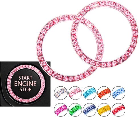 Unique Engine Start Button Bling Ring Cover,Key Ignition Starter & Knob Ring Crystal Rhinestone Cover, Push Start Button Cover Diamond Decor, Car Emblem Badge Sticker Women 2Pcs (Pink) in Saudi Arabia