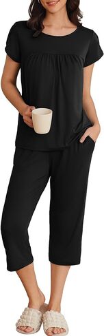 Ekouaer Womens Capri Pajama Set Short Sleeve Mumu Pjs Pleated Top Capri Pants with Pockets Sleepwear Lounge Set in Kuwait