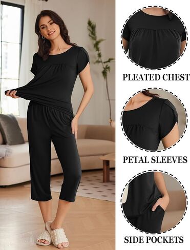 Ekouaer Womens Capri Pajama Set Short Sleeve Mumu Pjs Pleated Top Capri Pants with Pockets Sleepwear Lounge Set in Kuwait