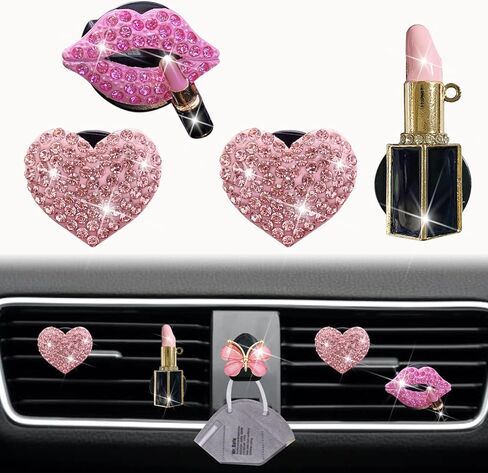 Bling Pink Lip Air Vent Clips, 4 Pcs Lips Car Air Fresheners Vents Clips Car Diffuser Diamond Car Interior Decor Charm Car Decoration Cute Car Accessories for Women + Cute Butterfly Mask Hook in Saudi Arabia