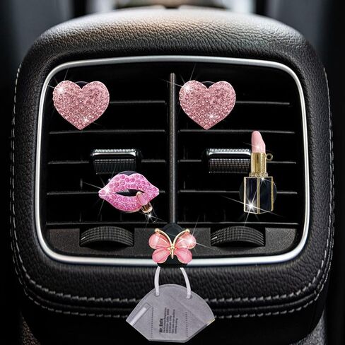 Bling Pink Lip Air Vent Clips, 4 Pcs Lips Car Air Fresheners Vents Clips Car Diffuser Diamond Car Interior Decor Charm Car Decoration Cute Car Accessories for Women + Cute Butterfly Mask Hook in Saudi Arabia