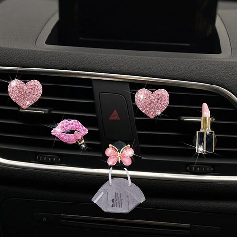 Bling Pink Lip Air Vent Clips, 4 Pcs Lips Car Air Fresheners Vents Clips Car Diffuser Diamond Car Interior Decor Charm Car Decoration Cute Car Accessories for Women + Cute Butterfly Mask Hook in Saudi Arabia