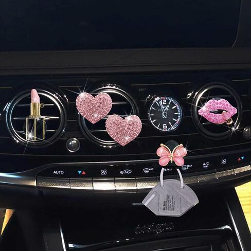 Bling Pink Lip Air Vent Clips, 4 Pcs Lips Car Air Fresheners Vents Clips Car Diffuser Diamond Car Interior Decor Charm Car Decoration Cute Car Accessories for Women + Cute Butterfly Mask Hook in Saudi Arabia