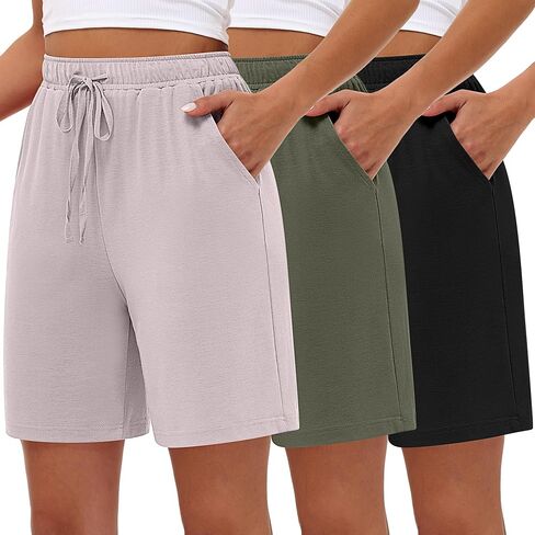 Neer 3 Pack Women's Bermuda Shorts, Jogger Yoga Sweat Walking Short Running Knee Length Sport Drawstring Shorts with Pockets (Black, Army Green, Light Khaki,Large) in Saudi Arabia