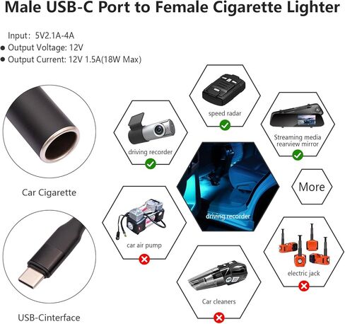 USB C ذكر إلى 12 فولت مقبس ولاعة السجائر في السيارة كابل محول أنثى 1 قدم، 18 واط USB C إلى محول ولاعة السجائر لكاميرا داش، نظام تحديد المواقع in Kuwait
