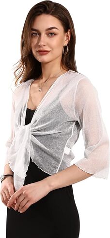 سترة نسائية لامعة شفافة بربطة عنق مفتوحة من الأمام خفيفة الوزن (23801-07-L/2XL) in Kuwait