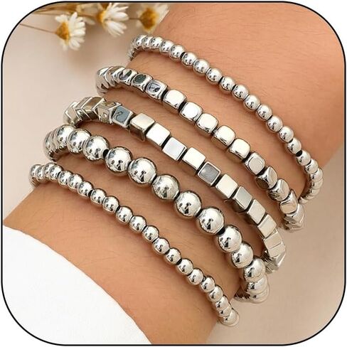 CSIYANJRY99 Silver Beaded Bracelets for Women Stackable Stretch Bead Bracelet Set Beads 14K Gold Bracelet Stack Pack Hand Jewelry Gifts in Saudi Arabia