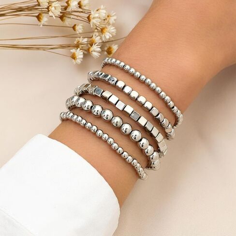CSIYANJRY99 Silver Beaded Bracelets for Women Stackable Stretch Bead Bracelet Set Beads 14K Gold Bracelet Stack Pack Hand Jewelry Gifts in Saudi Arabia