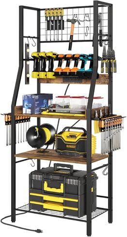 منظم أدوات طاقة كبير، 8 حامل مثقاب مع محطة شحن، منظمة أدوات المرآب مع لوحتين جانبيتين، رف أدوات معدني مع 11 خطافًا، للجراج، بني ريفي UR01BR in Kuwait