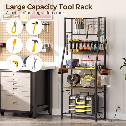 منظم أدوات طاقة كبير، 8 حامل مثقاب مع محطة شحن، منظمة أدوات المرآب مع لوحتين جانبيتين، رف أدوات معدني مع 11 خطافًا، للجراج، بني ريفي UR01BR in Kuwait