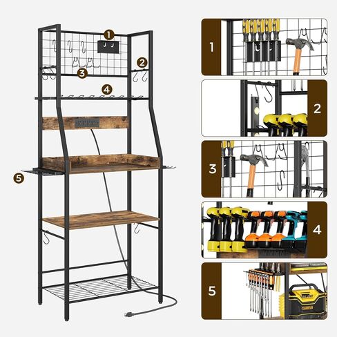 منظم أدوات طاقة كبير، 8 حامل مثقاب مع محطة شحن، منظمة أدوات المرآب مع لوحتين جانبيتين، رف أدوات معدني مع 11 خطافًا، للجراج، بني ريفي UR01BR in Kuwait