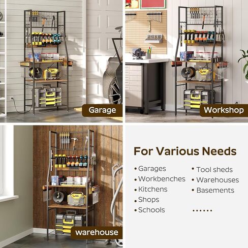 منظم أدوات طاقة كبير، 8 حامل مثقاب مع محطة شحن، منظمة أدوات المرآب مع لوحتين جانبيتين، رف أدوات معدني مع 11 خطافًا، للجراج، بني ريفي UR01BR in Kuwait