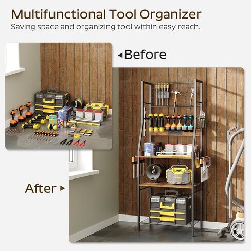 منظم أدوات طاقة كبير، 8 حامل مثقاب مع محطة شحن، منظمة أدوات المرآب مع لوحتين جانبيتين، رف أدوات معدني مع 11 خطافًا، للجراج، بني ريفي UR01BR in Kuwait