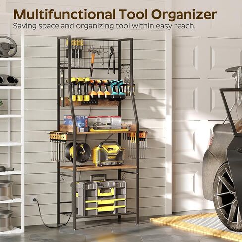 منظم أدوات طاقة كبير، 8 حامل مثقاب مع محطة شحن، منظمة أدوات المرآب مع لوحتين جانبيتين، رف أدوات معدني مع 11 خطافًا، للجراج، بني ريفي UR01BR in Kuwait