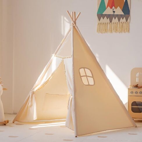 خيمة أطفال بدون حصيرة، خيمة تيبي للأولاد والبنات، غرفة أطفال قابلة للطي للداخل، كوخ مع نافذة واحدة وحقيبة تخزين واحدة، خيمة خارجية للأطفال من سن 3 إلى 8 سنوات (بيج) in Kuwait