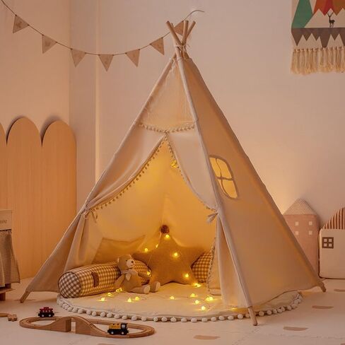 خيمة أطفال بدون حصيرة، خيمة تيبي للأولاد والبنات، غرفة أطفال قابلة للطي للداخل، كوخ مع نافذة واحدة وحقيبة تخزين واحدة، خيمة خارجية للأطفال من سن 3 إلى 8 سنوات (بيج) in Kuwait