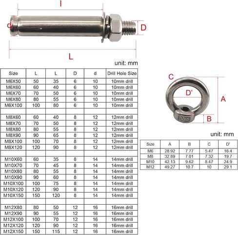 2Pcs M10x120 304 Stainless Steel Lifting Ring Expansion Bolt Shield Anchor Eye Bolt Screw in Saudi Arabia
