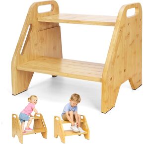 Kids Step Stool Height Adjustable- Natural Color Bamboo 2 Heights Stool with Non-Slip Pads, 220lbs Capacity, Safe for Kids & Elderly - Kitchen, Bathroom, Home in Kuwait