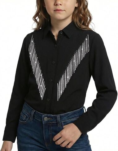 Girls Sparkly Fringe Button Down Shirt Western Cowgirl Long Sleeve Blouse Tops Country Concert Outfit 5-14 Years in Saudi Arabia