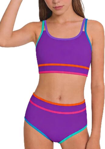 Teen Girls Swimsuit Color Block Sporty Bikini Sets with Cover Up Skirt 3 Piece Bathing Suit Size 7-16 Years in Saudi Arabia