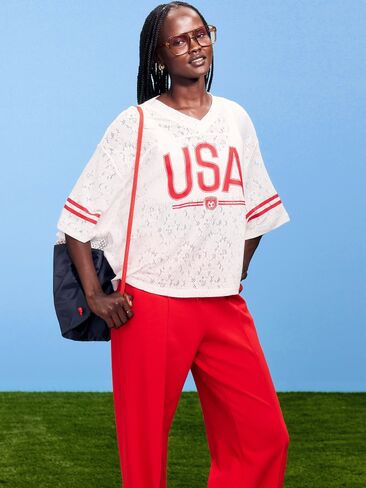 Old Navy FIFA World Cup 26™ USA Boxy Lace V-Neck T-Shirt for Women - USA in Saudi Arabia