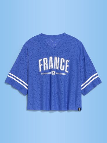 Old Navy FIFA World Cup 26™ France Boxy Lace V-Neck T-Shirt for Women - France in Saudi Arabia